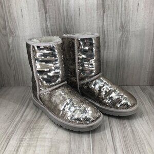 UGG Boots Women's 6 Silver Sequin Shearling Lined Winter Slip On